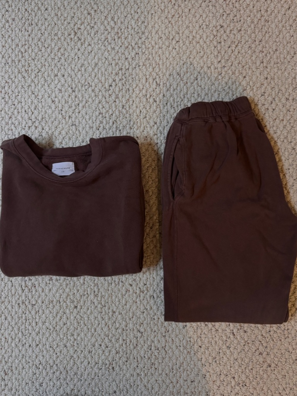 Parachute Home Organic Cotton Brown Sweatshirt and Joggers set. Color is Raisin